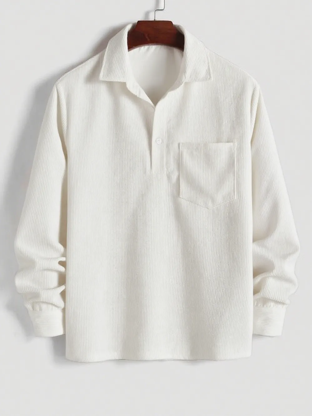 Men's Plain Pocket Half Button Corduroy Shirt, Casual Comfy Regular Fit Long Sleeve Collared Top For Fall & Winter