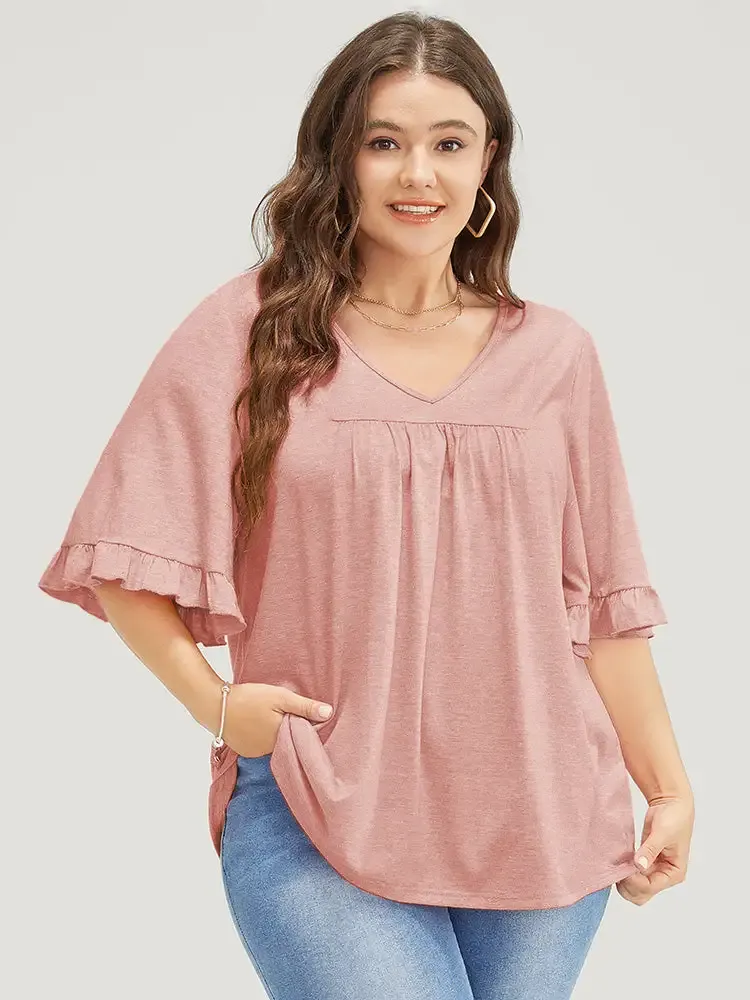 Solid Gathered Ruffle Trim Flounce Sleeve T-shirt