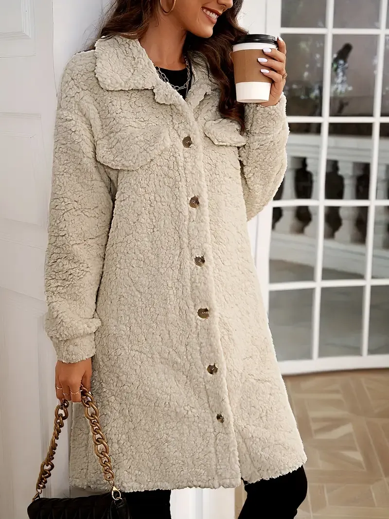 Button Front Solid Teddy Coat, Casual Long Sleeve Winter Outerwear, Women's Clothing