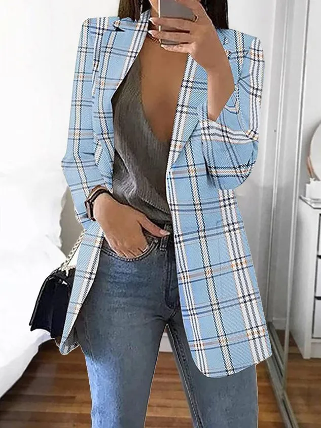 Shawl Collar Casual Plaid Polyester Cotton Blazer