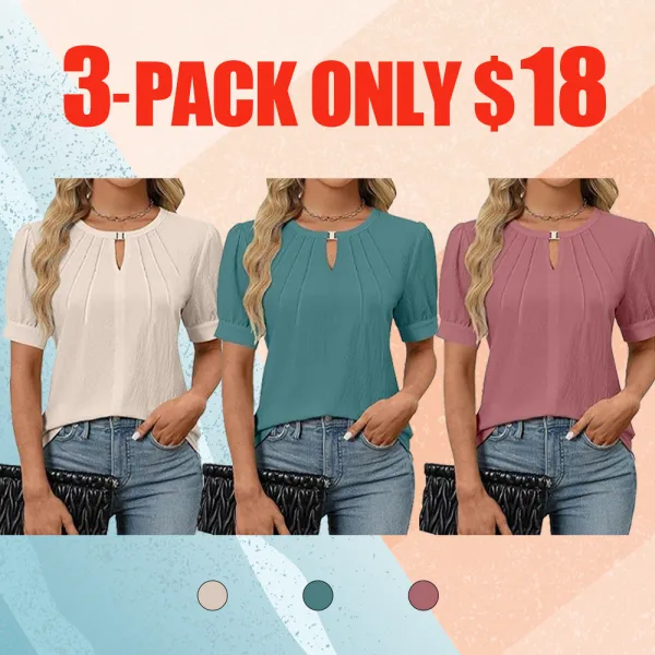 Women's Dressy Keyhole Blouse – Puff Sleeve Pleated Top for Work or Casual Wear