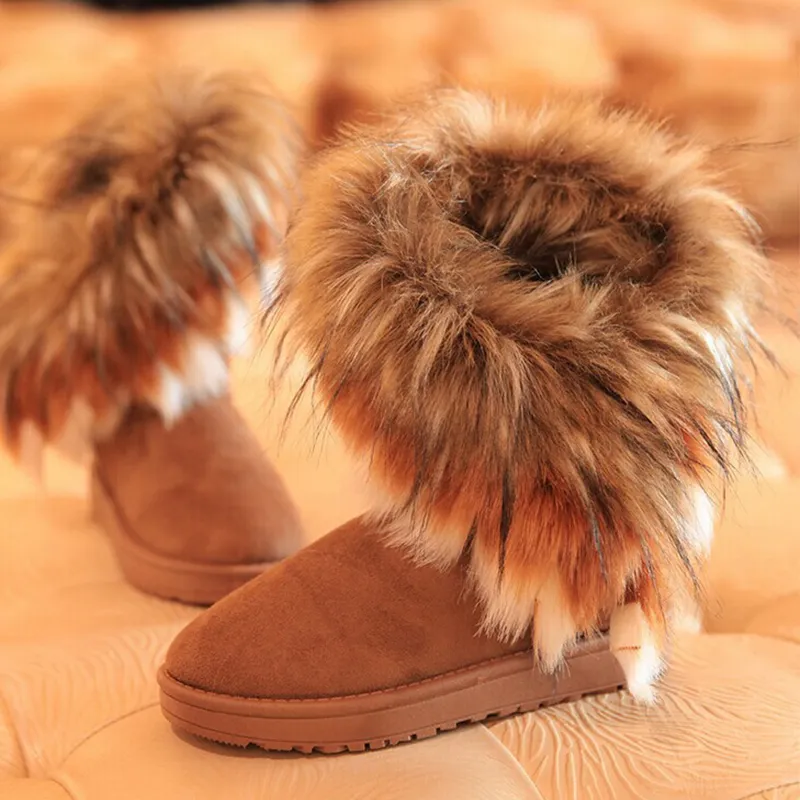 In The Tube Snow Boots Cotton Shoes Fox Fur