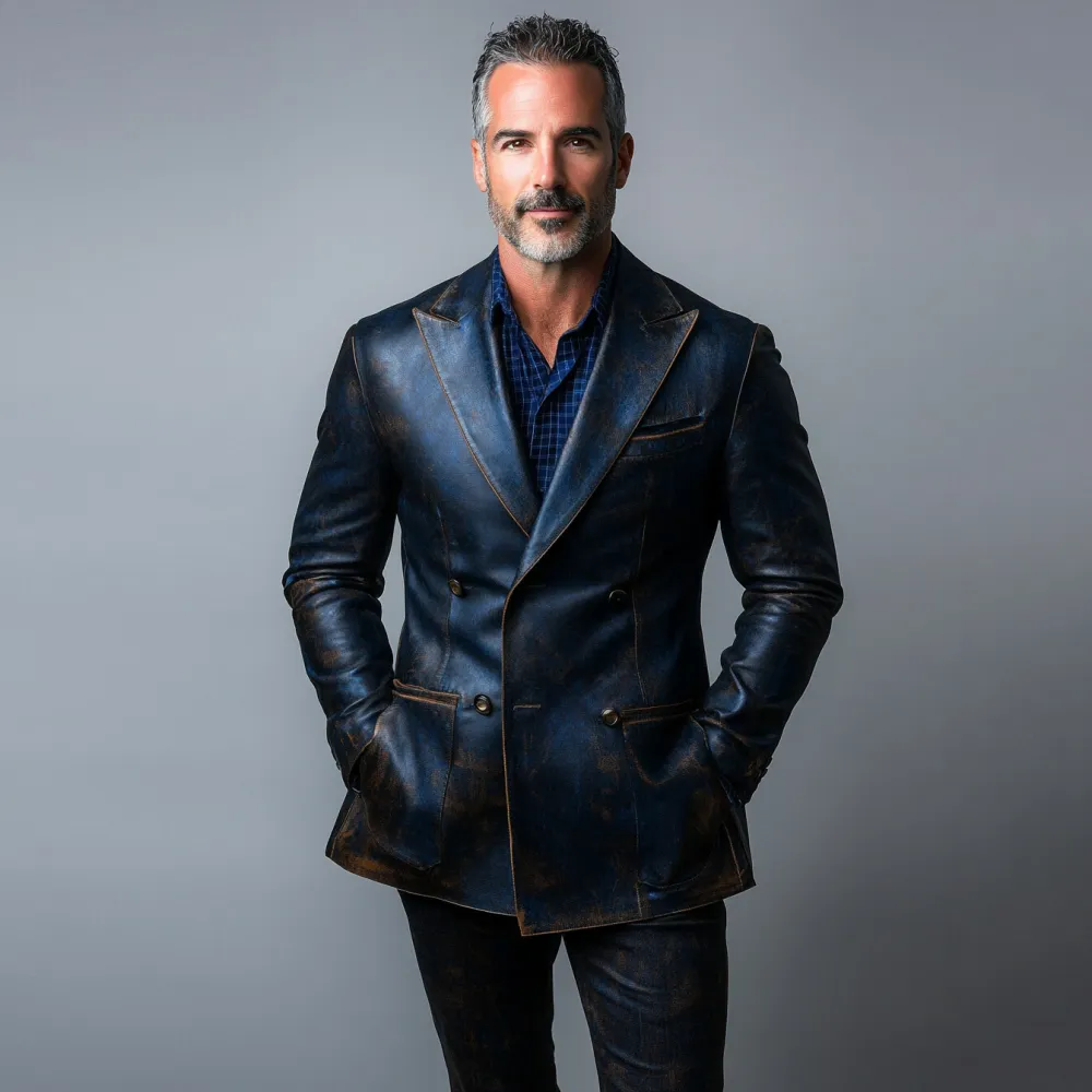 Men's Retro Peaked Lapel Double Breasted Distressed PU Leather Jacket