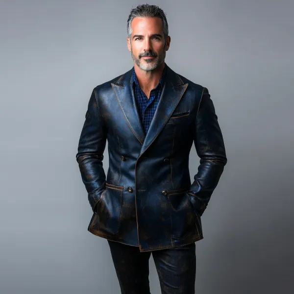 Men's Retro Peaked Lapel Double Breasted Distressed PU Leather Jacket