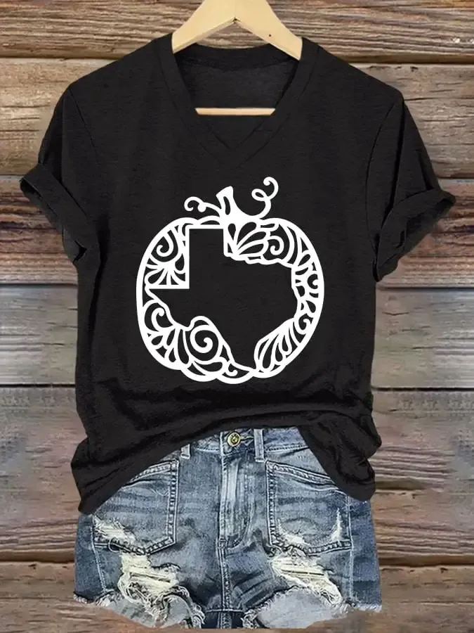 V-Neck Retro Texas Strong Fall Pumpkins Print T-Shirt