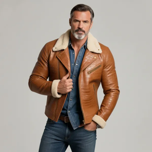 Men's Brown PU Leather Crocodile Pattern Shearling Collar Long Sleeve Zipper Jacket