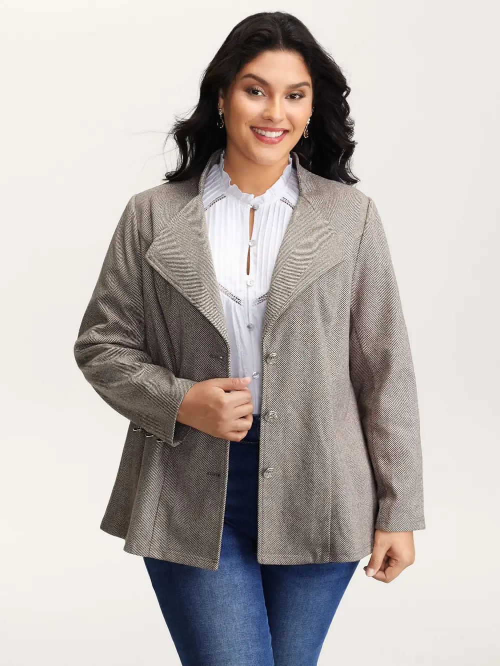 Herringbone Pattern Cinched-Waist Jacket