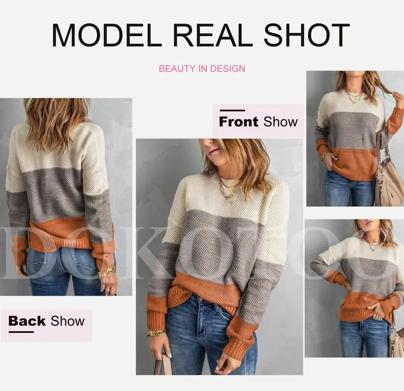 Womens Color Block Sweaters Long Sleeve Crewneck Pullover Knit Jumper Tops