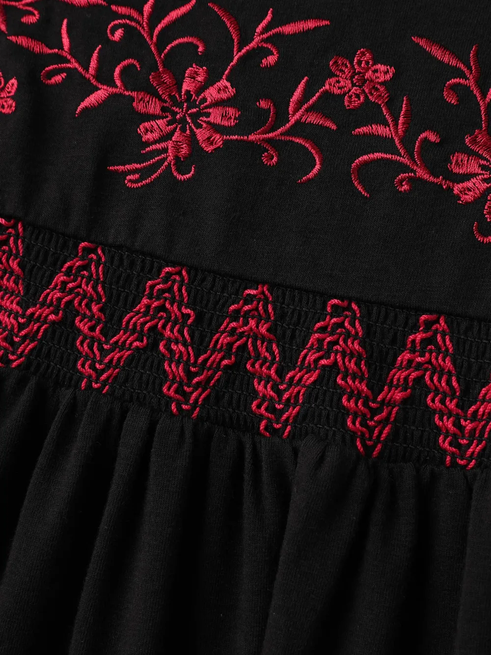 Floral Embroidery Neckline Shirred Knit Top