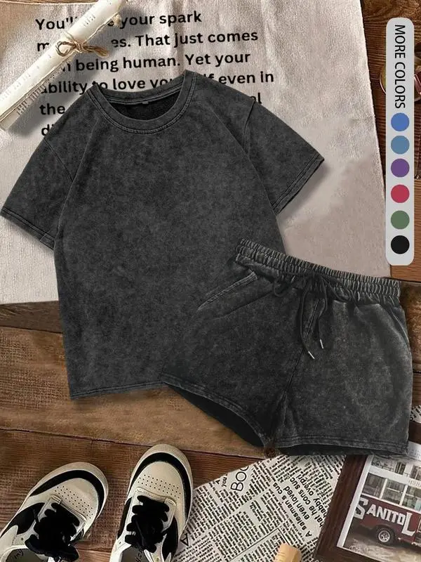 Women's Solid Tee & Denim-Print Shorts – Casual Summer Outfit for Daily Wear
