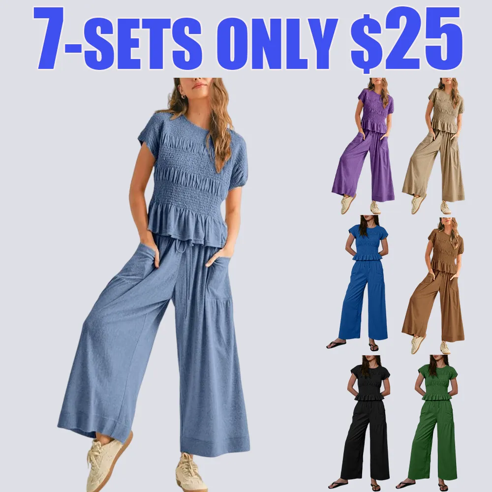 Women's 2-Piece Smocked Top & Wide-Leg Pants Lounge Set with Pockets
