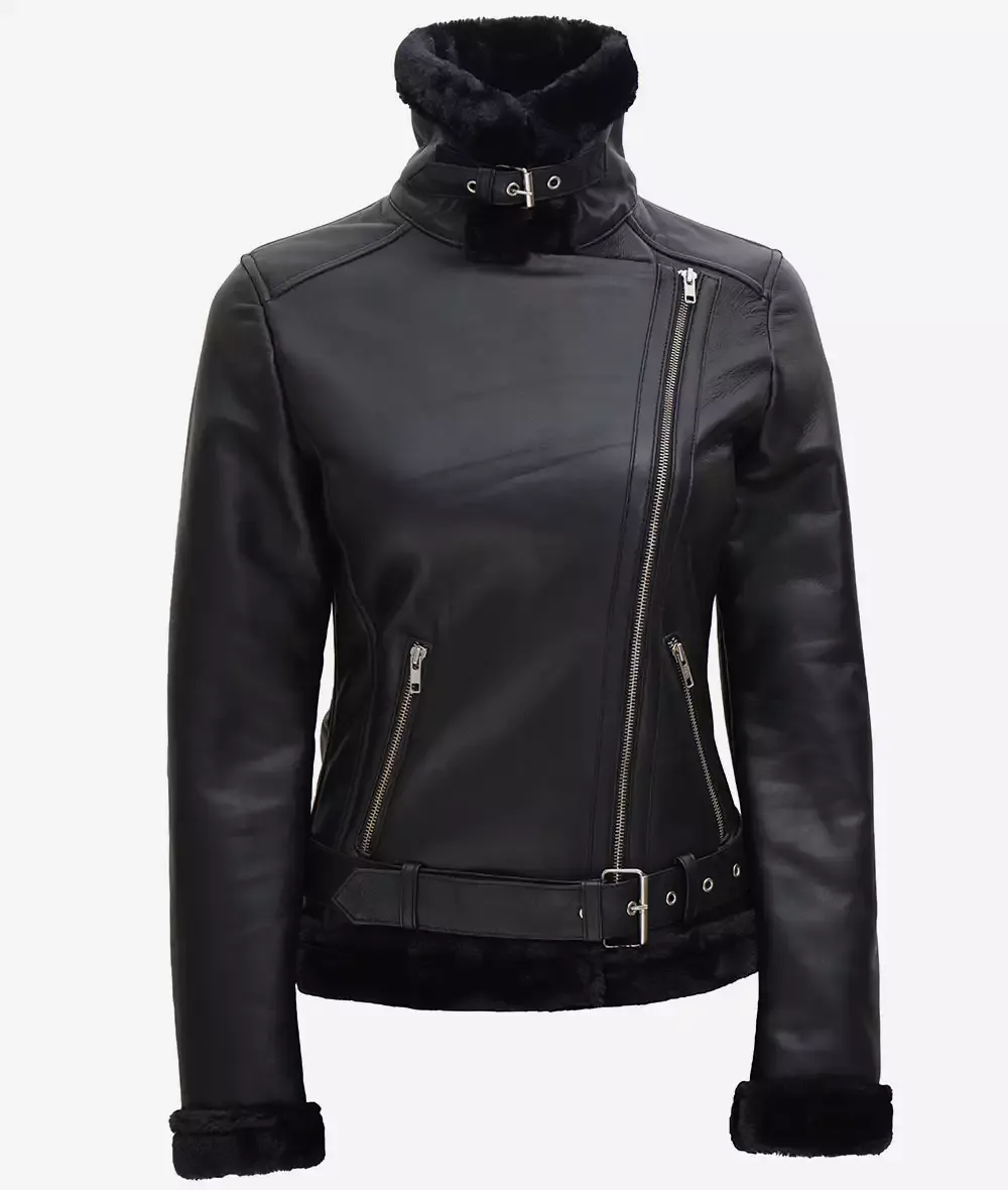 Womens Black Shearling Leather Moto Jacket