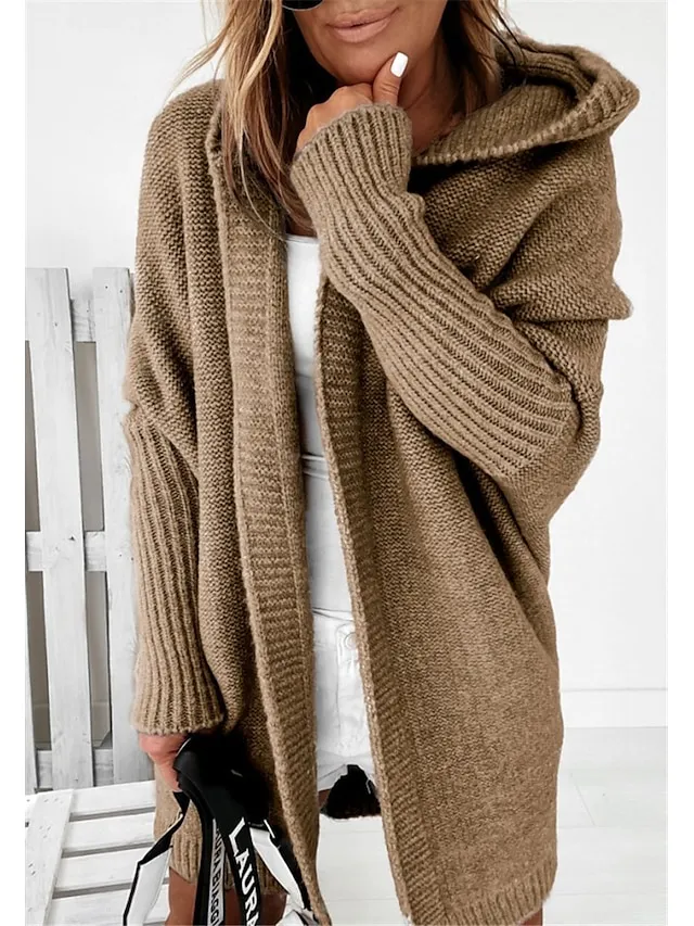 Women's Cardigan Hooded Solid Color Stylish Basic Casual Long Sleeve Loose Sweater Cardigans Hooded