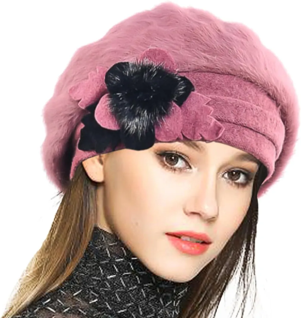 Lady French Beret 100% Wool Beret Floral Dress Beanie Winter Hat
