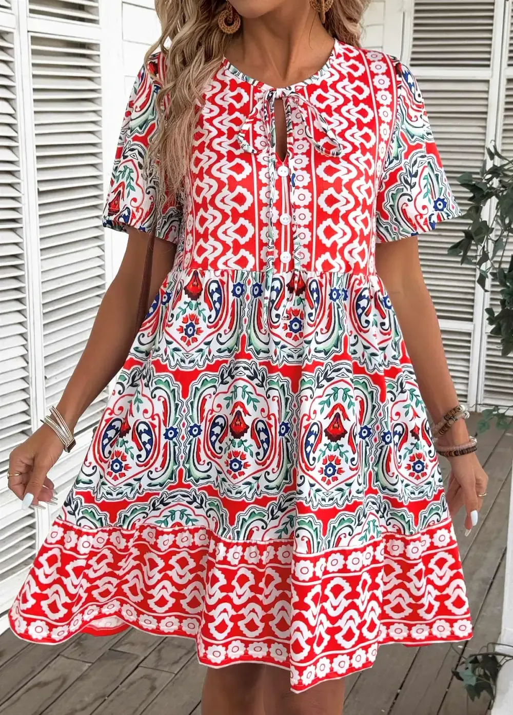 Multi Color Tribal Print A Line Short Sleeve Dress