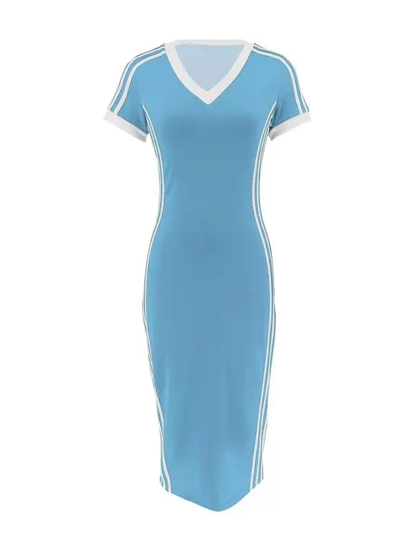 Women's Striped Trim V-Neck Short Sleeve Casual Summer Dress