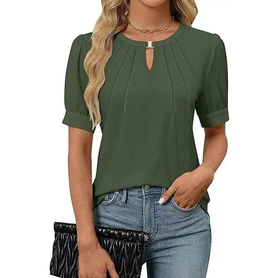 Women's Dressy Keyhole Blouse – Puff Sleeve Pleated Top for Work or Casual Wear