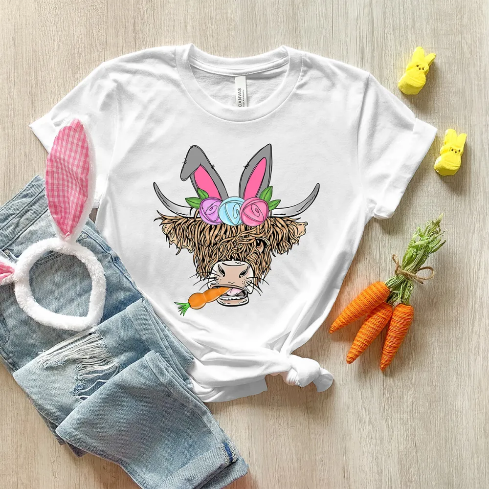 Easter Highland Cattle Printed Round Neck Short Sleeve T-Shirt