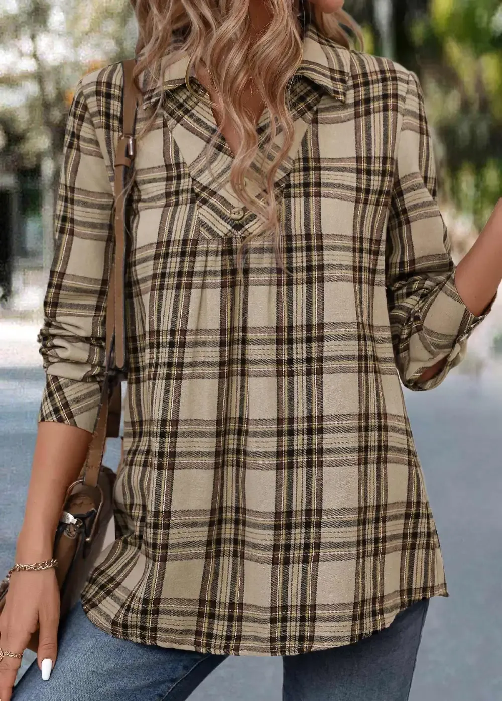 Light Coffee Button Plaid Long Sleeve Shirt
