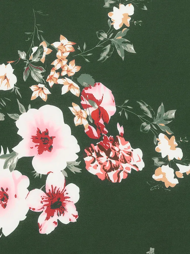 Floral Square Neck Ruffles Pocket Shirred Split Dress