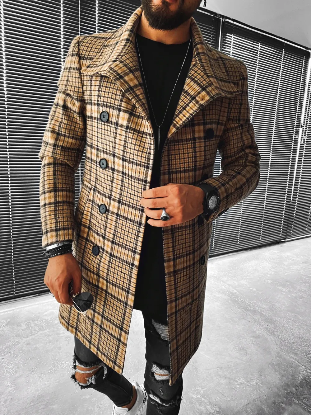 Street Fashion Casual Plaid Texture Slim Long Sleeve Coat