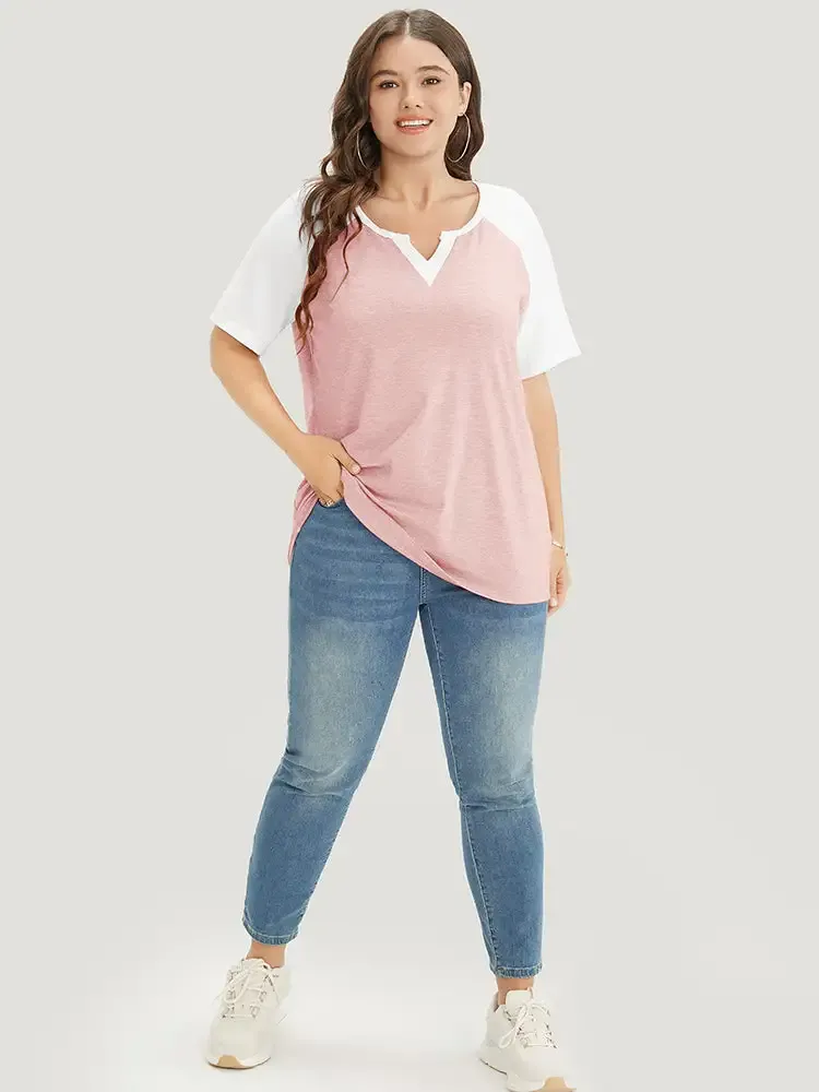 Colorblock Contrast Notched Raglan Sleeve T-shirt