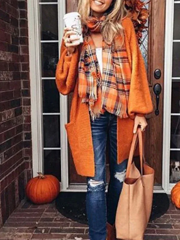 Halloween Solid Color Lantern Sleeve Sweater Cardigan