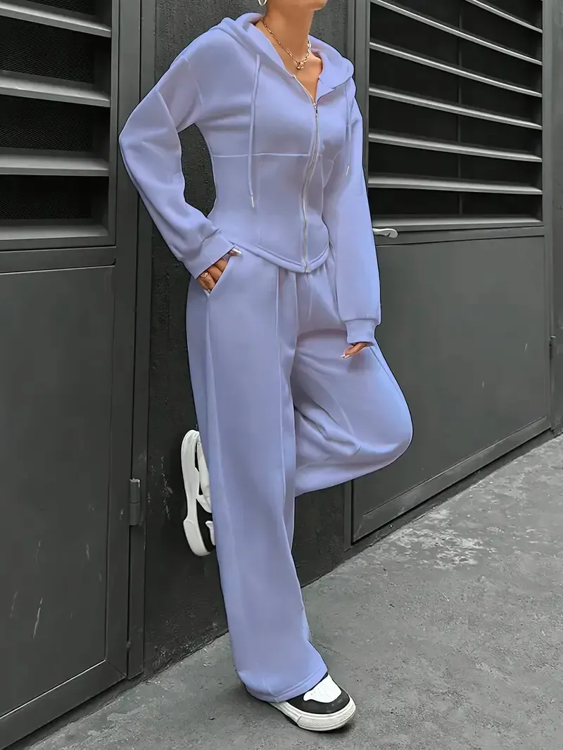 [All Seasons Polyester Hooded Tracksuit] Women'S Elegant Solid Color Polyester Hooded Tracksuit Set with Drawstring and Zipper Details – Knit Fabric Pantsuit for All Seasons