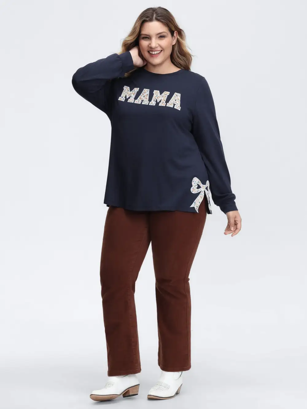 Mama Applique Embroidery Round Neck Sweatshirt
