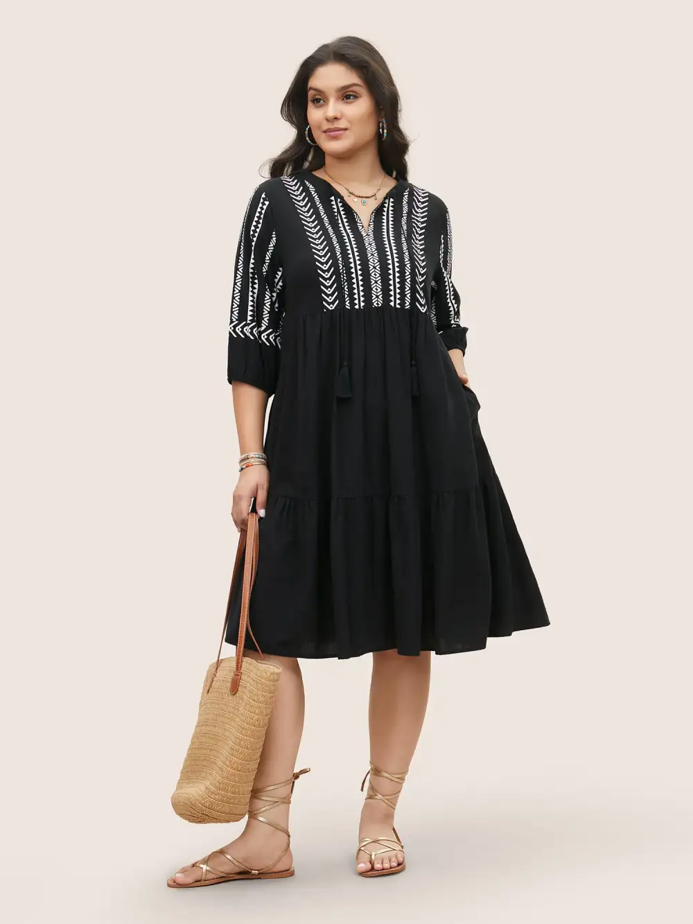 Cotton Geometric Bandana Print Tassel Trim Dress