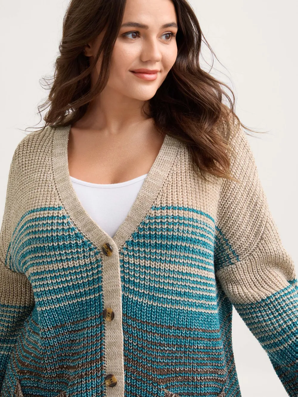 Colorful Stripes Button Pockets Knit Cardigan