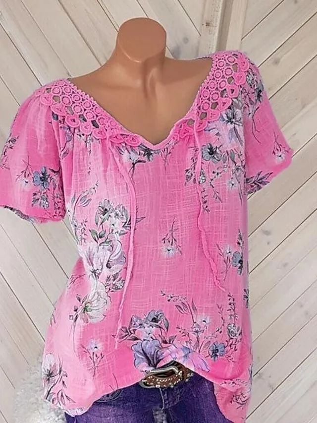 Women's Shirt Blouse Floral White Pink Blue Lace up Print Short Sleeve Casual Holiday Basic V Neck Regular Fit