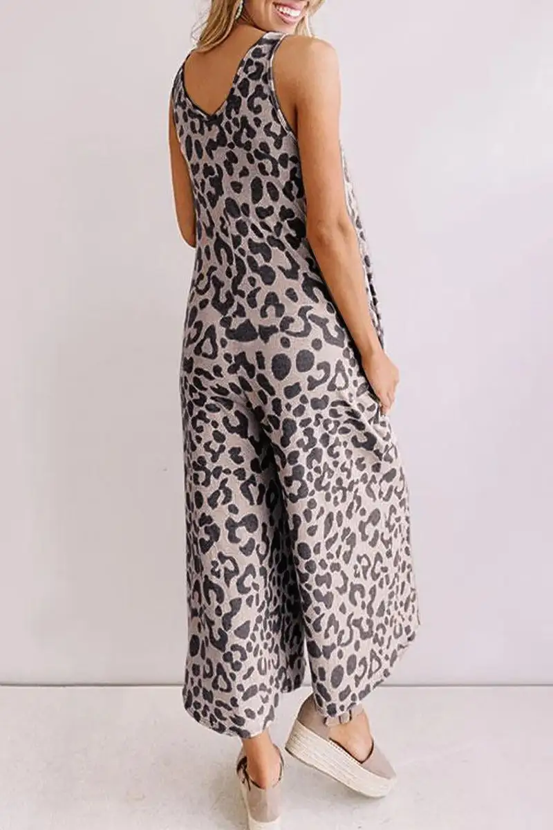 Casual College Leopard Pocket Loose Jumpsuits
