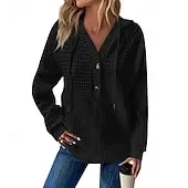 Women's Texture Sweatshirt Waffle Sweatshirt  Pullover Hoodie Sweatshirt Plain Streetwear Casual Long Sleeve Hooded Regular Tops Street Holiday Going out Buttons Black White Pink Wine Fall Winter