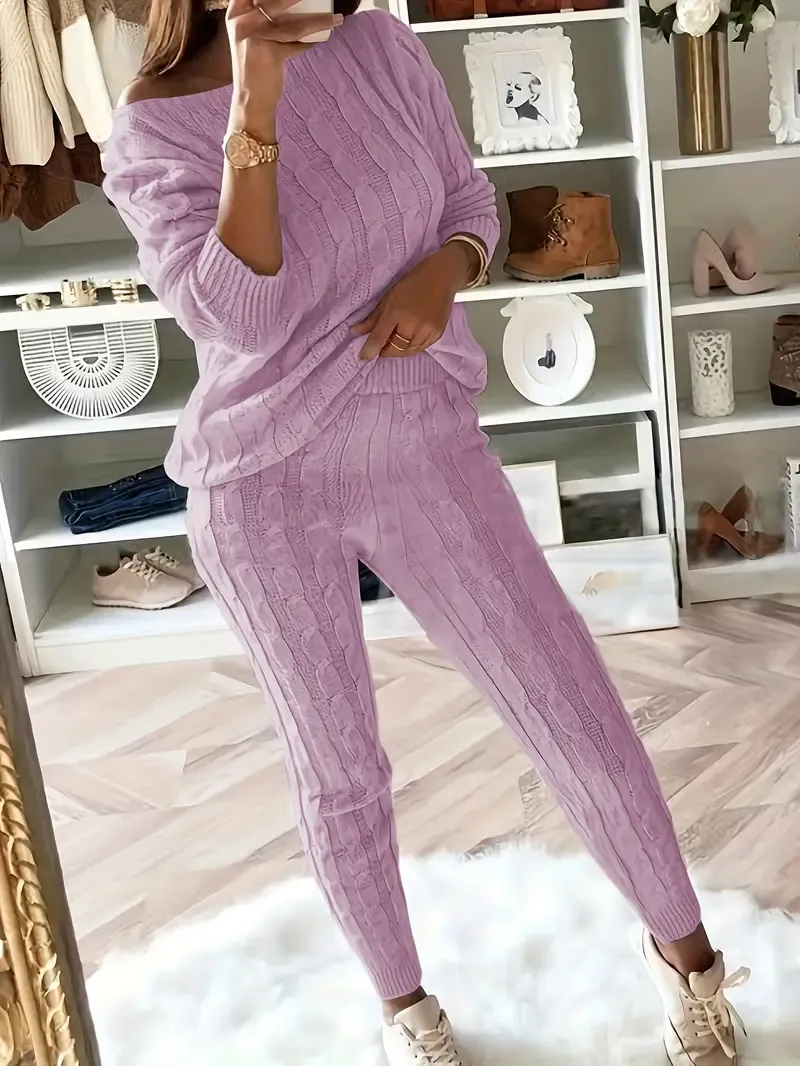 Solid Knitted Matching Two-piece Set, Casual Long Sleeve Sweater & Pants Outfits, Women's Clothing