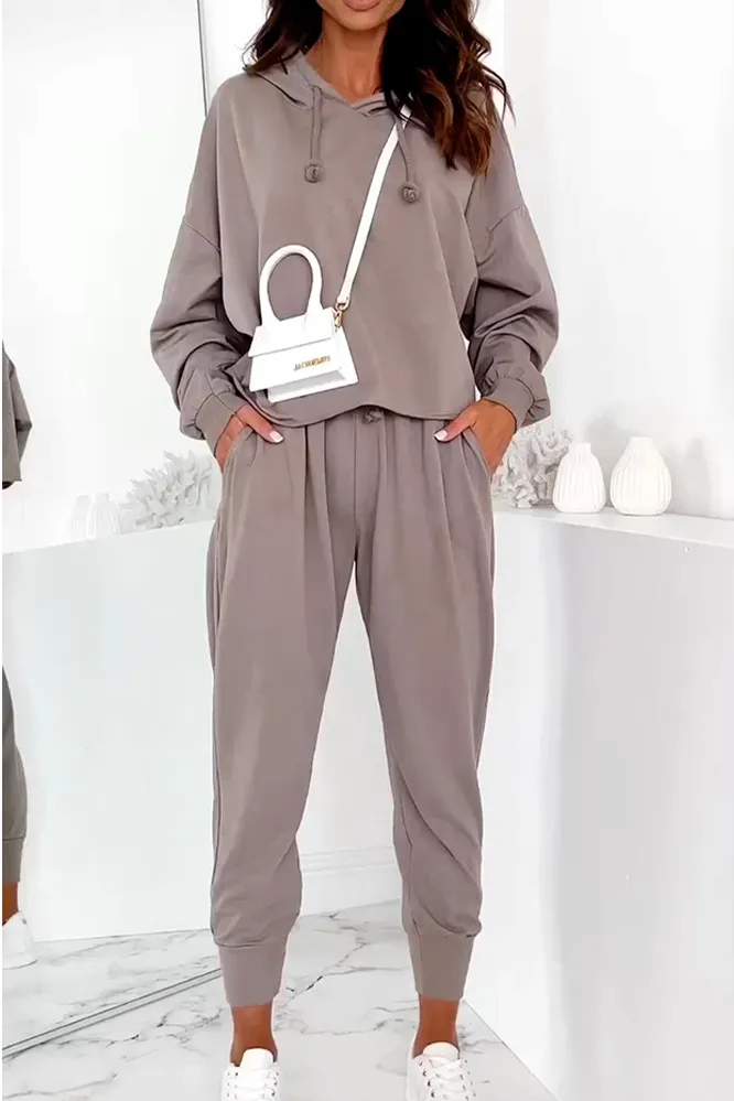 Women's Solid Color V-neck Hoodies & Pants Two Piece Set