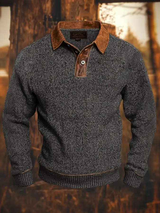 Men'S Casual Retro Herringbone Print Long-Sleeved Polo Shirt