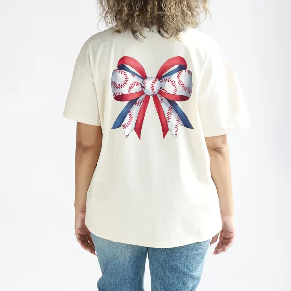 A Red, White And Blue Bow With A Baseball Stitch Pattern Printed On The White Part, A Casual T-Shirt.