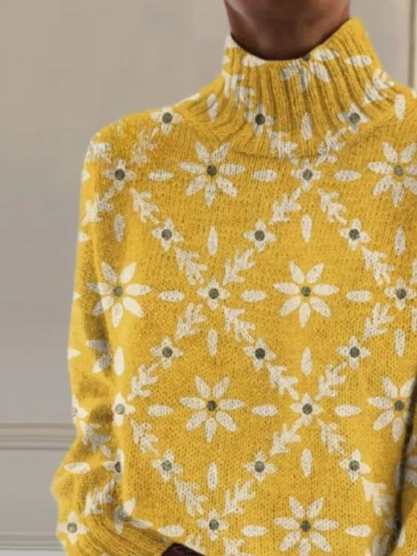 Floral Turtleneck Regular Fit Simple Sweater