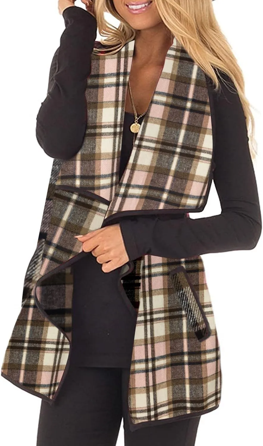 Womens Buffalo Plaid Vest Casual Lapel Open Front Sleeveless Cardigan Jacket Coat with Pockets