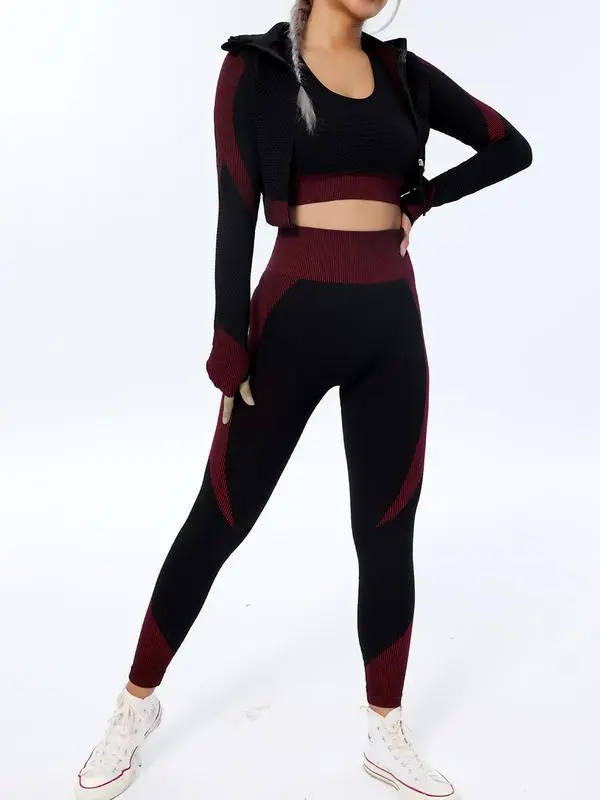 Women's Colorblock Zip Up Shapewear Set, Casual Comfy Crop Jacket & High Waist Sports Yoga Pants & Bra for Outdoor Wear, Fitness Training Clothes