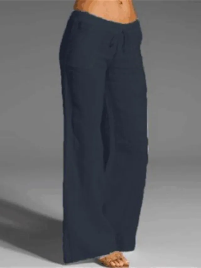 Women's Wide Leg Chinos Cotton Linen Baggy Mid Waist Black Summer