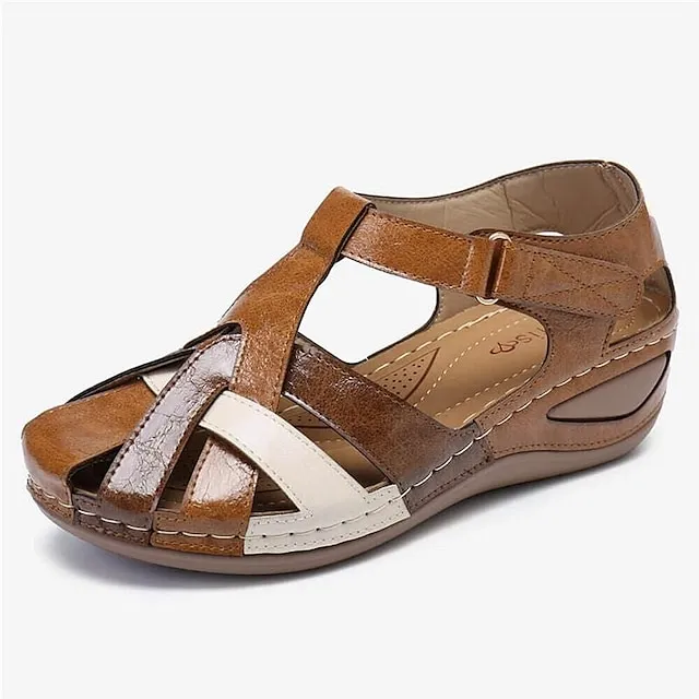 Women's Sandals Wedge Sandals Comfort Shoes Plus Size Outdoor Office Daily Summer Buckle Wedge Heel Round Toe Closed Toe Classic Casual Walking Shoes PU Leather Faux Leather Magic Tape Color Block