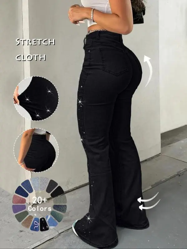 Women's High Waist Flare Jeans – Casual Button Fly Bell Bottom Denim Trousers