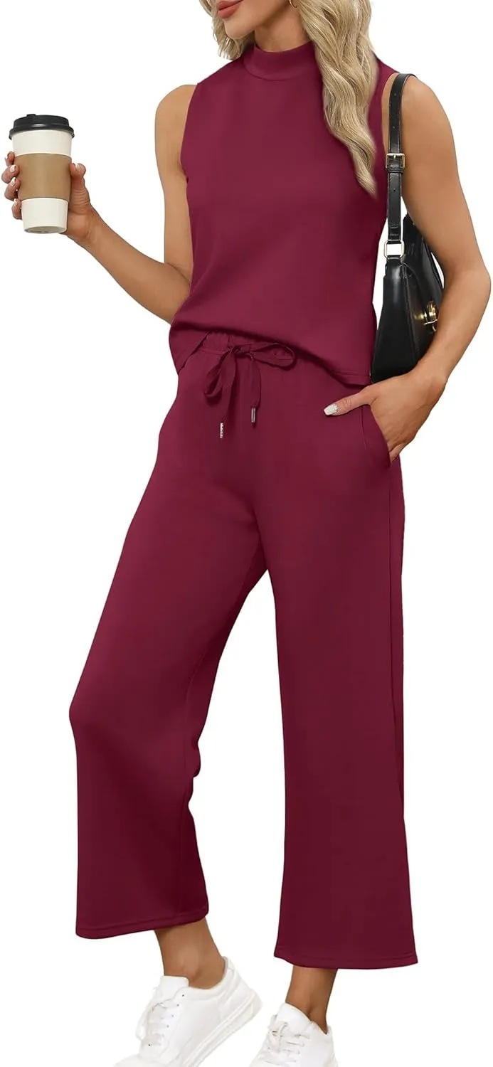 Two Piece Sets for Women Summer Outfits Lounge Sets Mock Neck Tops Wide Leg Crop Pants Vacation Travel Outfits