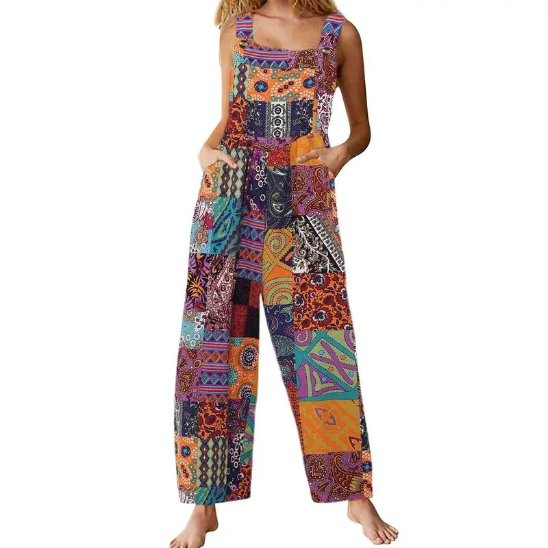Women’s Boho Patchwork Jumpsuit-Floral Print, Dual Pockets, Wide-Leg Fit