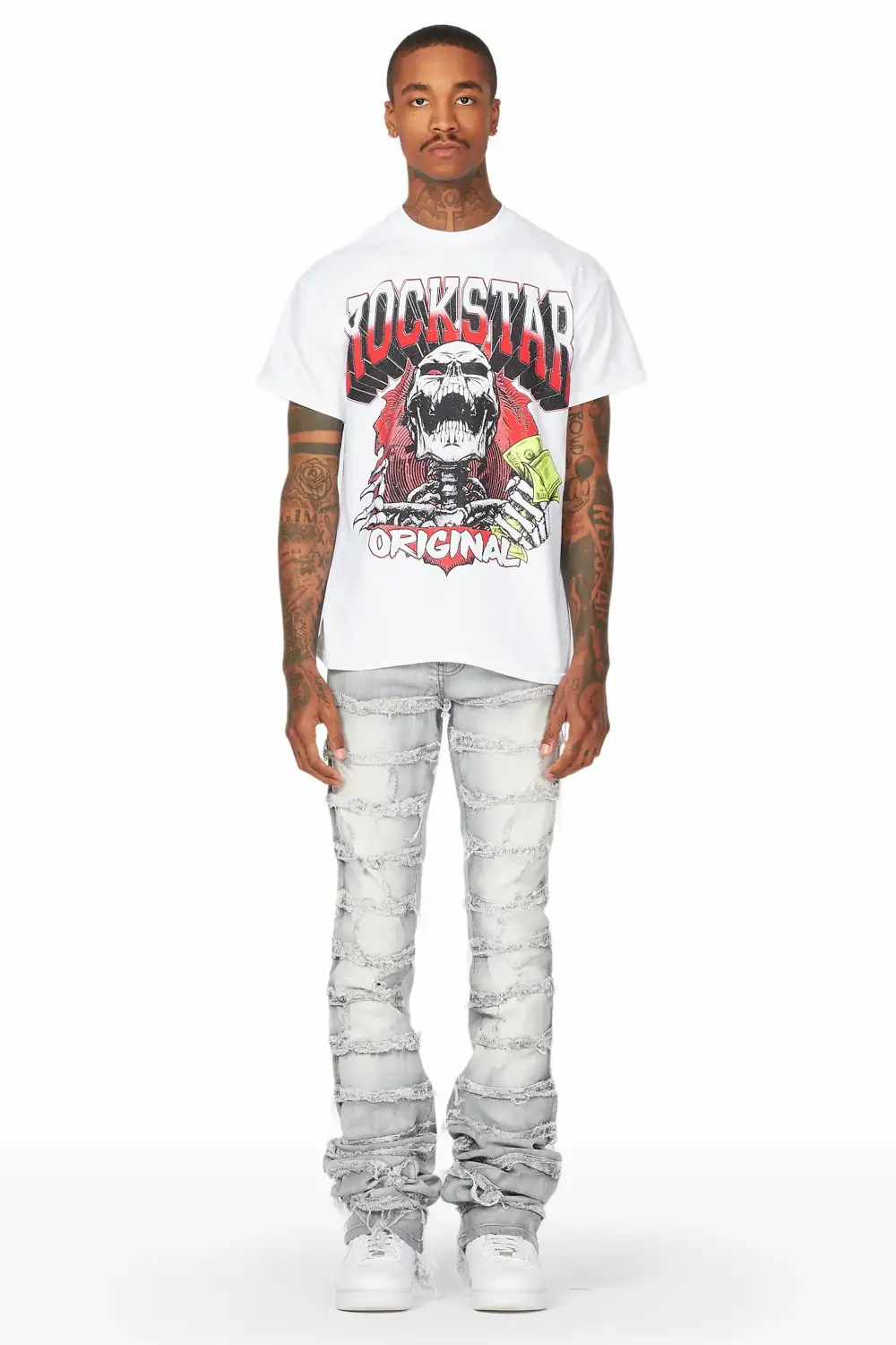 Waylon Grey Frayed Super Stacked Flare Jean