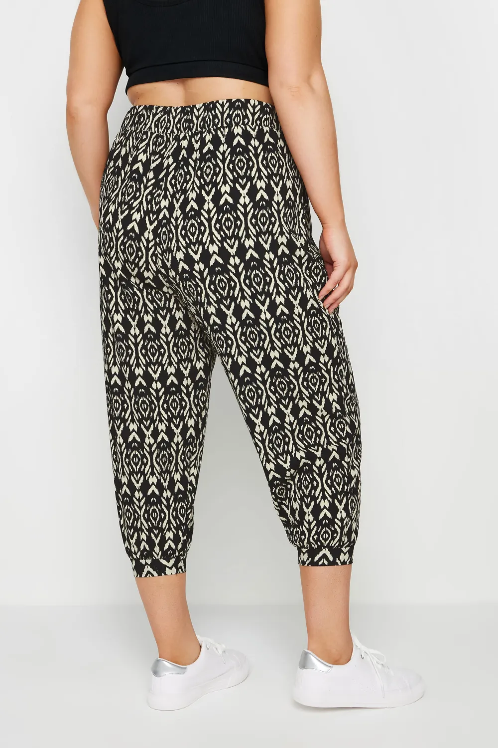 YOURS Curve Black Geometric Print Textured Cropped Harem Trousers