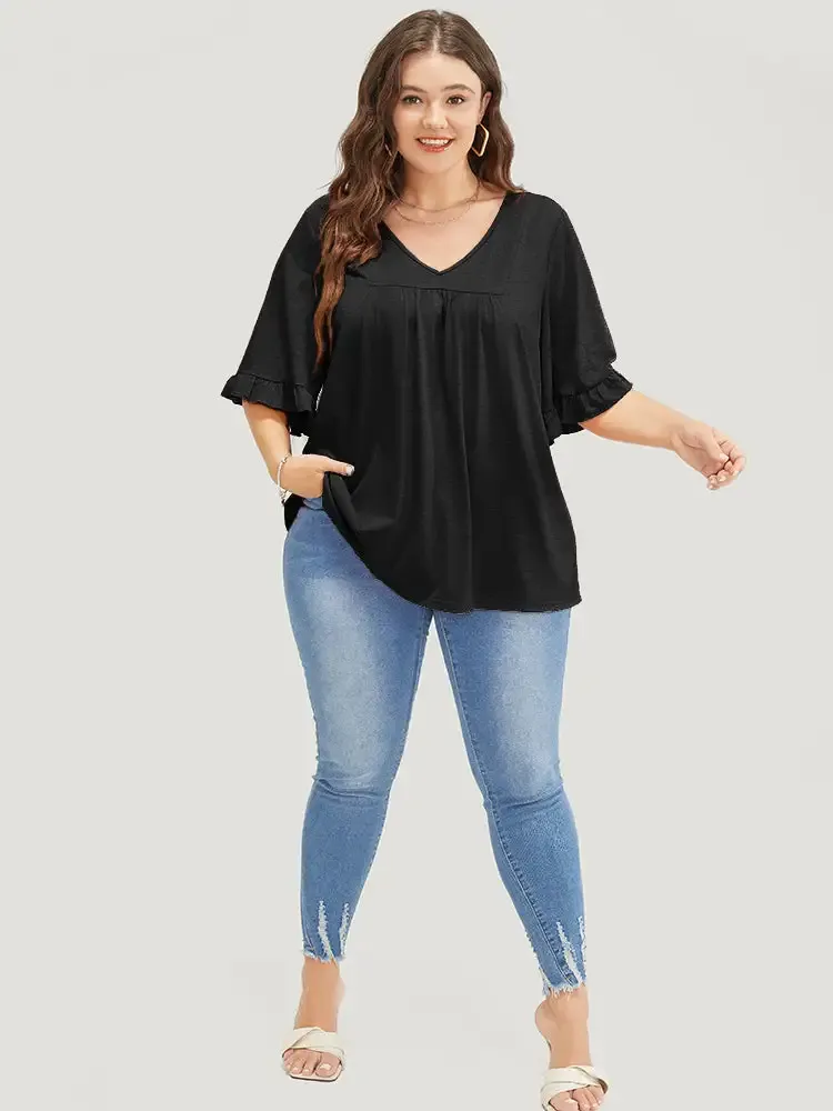 Solid Gathered Ruffle Trim Flounce Sleeve T-shirt