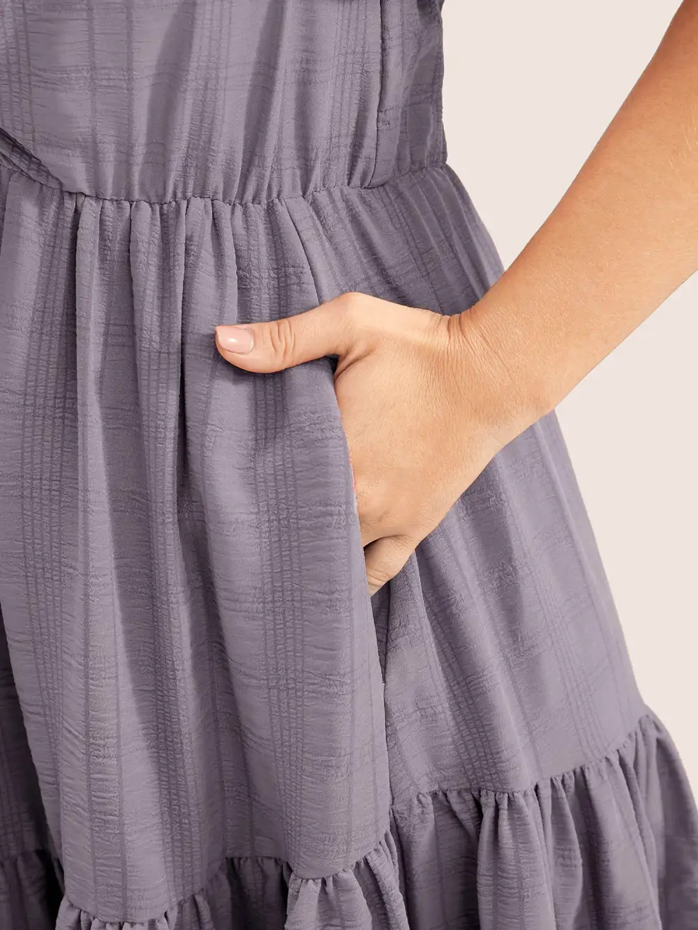 Plain Ruched Drawstring Pocket Ruffle Tiered Dress